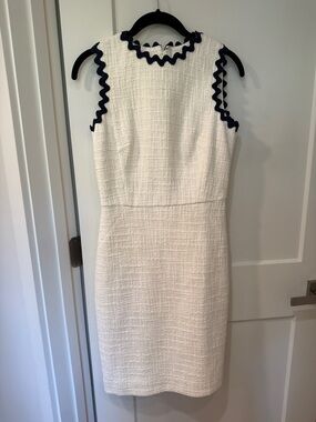J. Crew White Textured Midi Dress with Navy Scalloped Trim